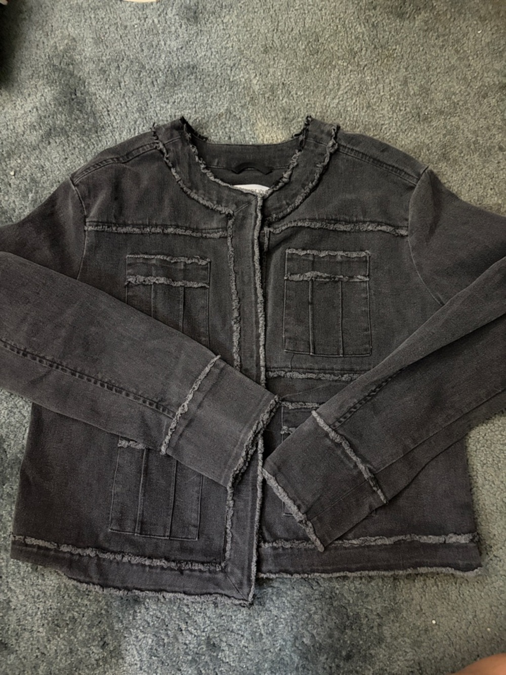 Evereve Black Collarless Frayed Trim Jacket